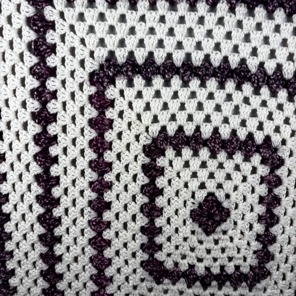 Handmade Crochet Granny Square‎ Blanket White Purple Variegated Afghan 58x54